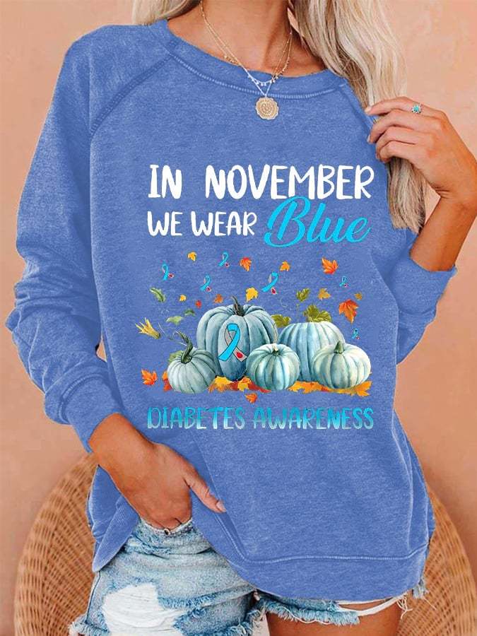 Women's In November We Wear Blue For Diabetes Awareness Pumpkin Print Casual Sweatshirts