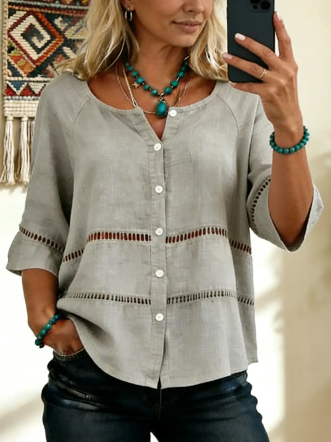 Women's Tie-front Button-up Cotton-linen Blend Short-sleeve Shirt