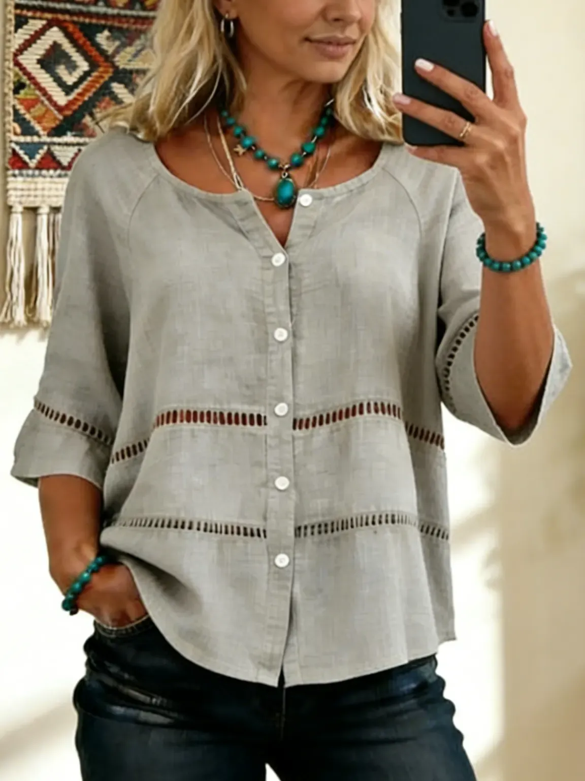 Women's Tie-front Button-up Cotton-linen Blend Short-sleeve Shirt