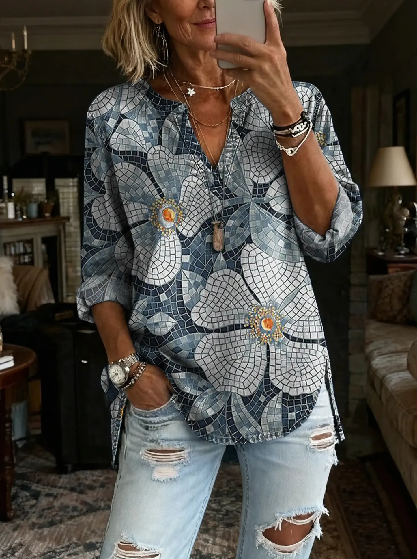 Women's Bohemian Petal Art Print Casual Long-Sleeve V-Neck Washed Cotton Denim Top