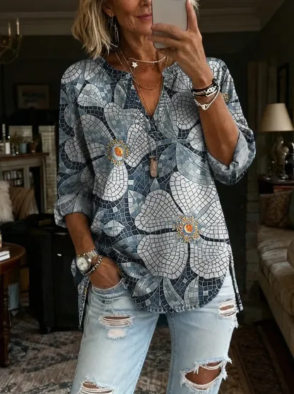 Women's Bohemian Petal Art Print Casual Long-Sleeve V-Neck Washed Cotton Denim Top