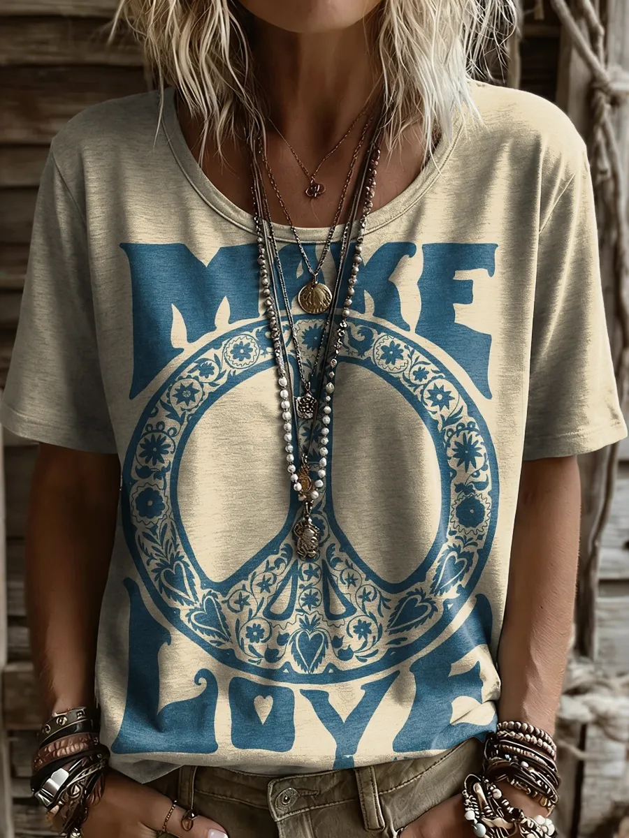 Women's Retro Peace Art Print Casual Short Sleeve Crew Neck Cotton T-shirt