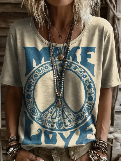 Women's Retro Peace Art Print Casual Short Sleeve Crew Neck Cotton T-shirt
