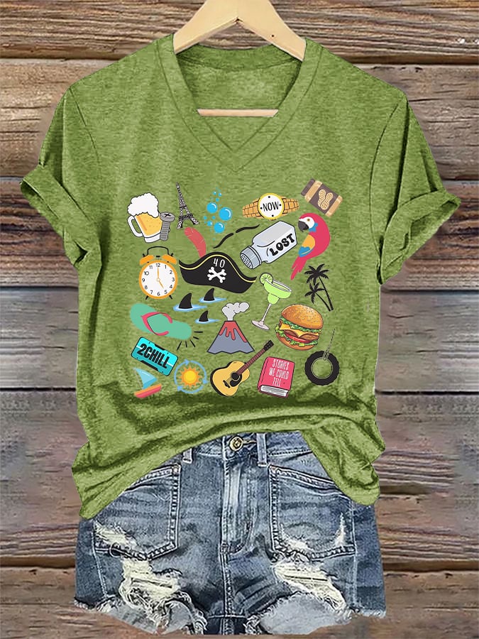 V-Neck Retro Funny Song Titles Print T-Shirt