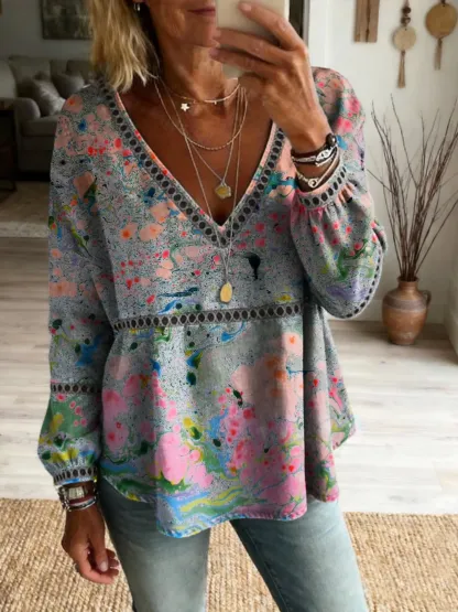 Women's Retro Colorful Patterned Art Print Casual Cutout Top