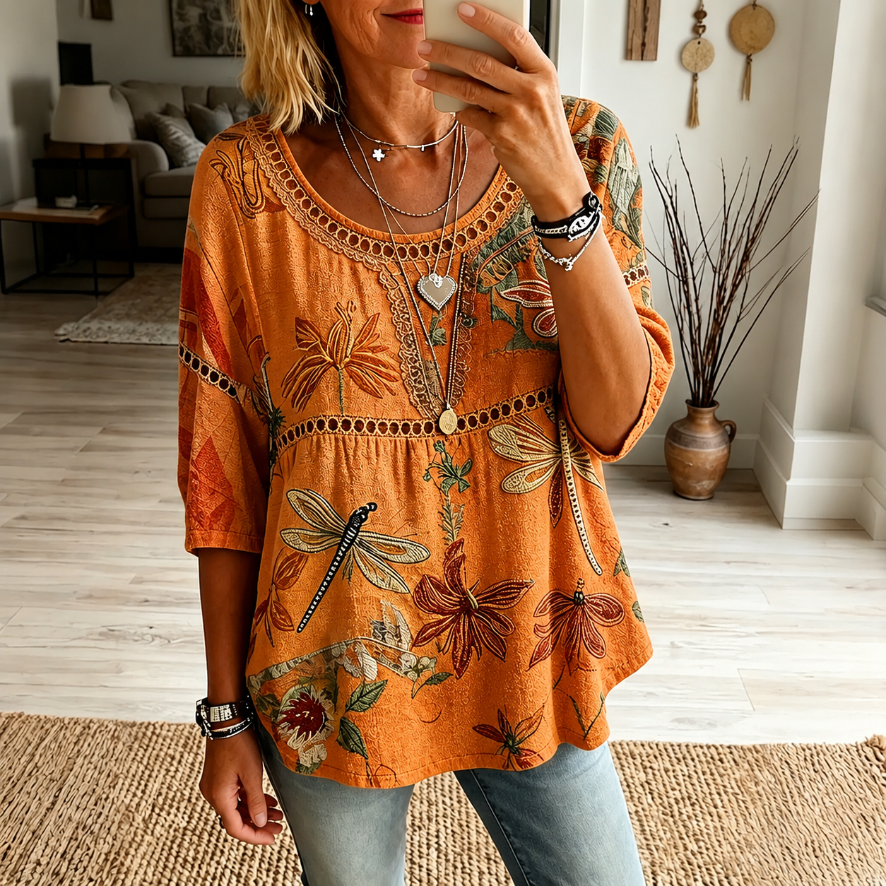 Women's Vintage Floral Embroidered Art Crew Neck Linen Blouse
