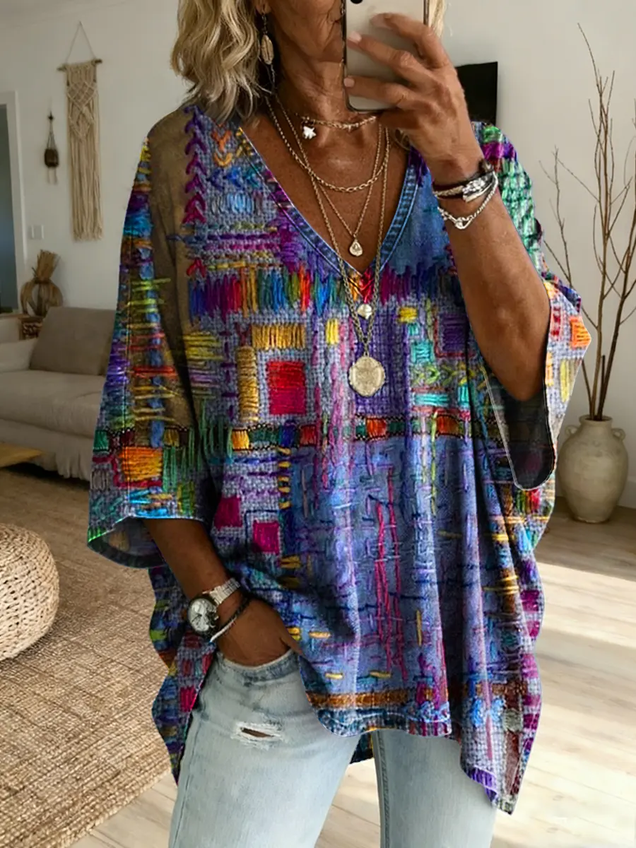 Ethnicity Geometry Texture Women's Art Print Casual Washed Cotton Denim Top