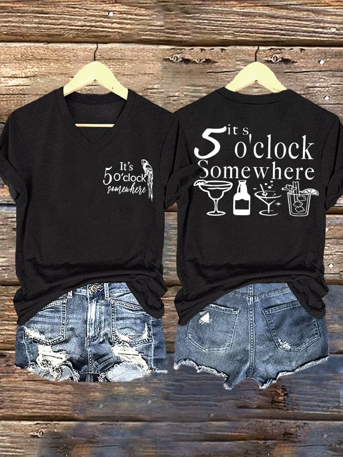 V Neck Retro 5 O'clock Print T-Shirt