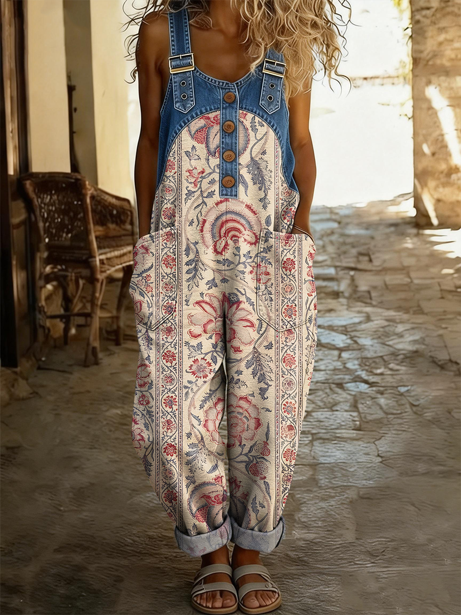 Women's Retro Floral Art Print Casual Denim Patchwork Jumpsuit
