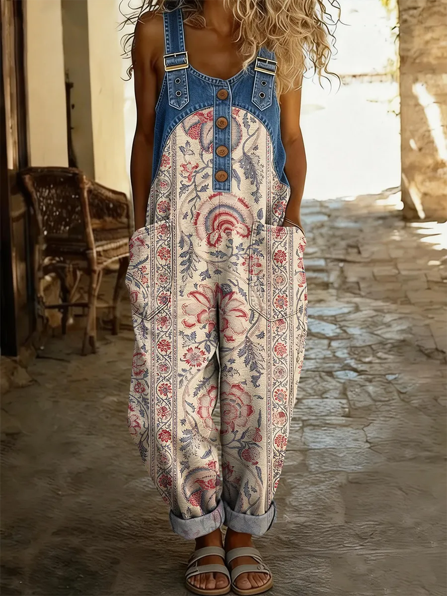 Women's Retro Floral Art Print Casual Denim Patchwork Jumpsuit