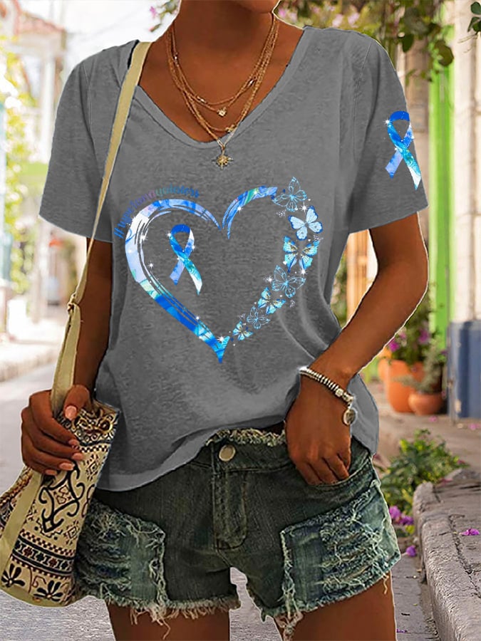 Women's Diabetes Awareness Blue Ribbon Supports Warriors Print Casual T-Shirt