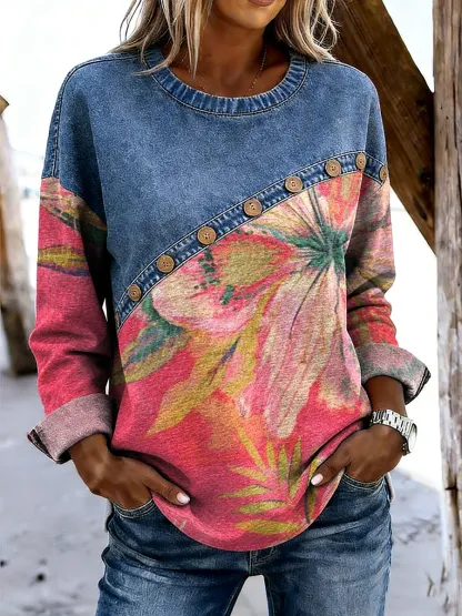 Women's Retro Ethnic Floral Art Print Casual Long-sleeved Round Neck Denim Patchwork Top