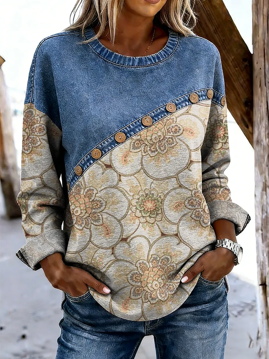 Women's Retro Ethnic Floral Art Print Casual Long-sleeved Patchwork Shirt