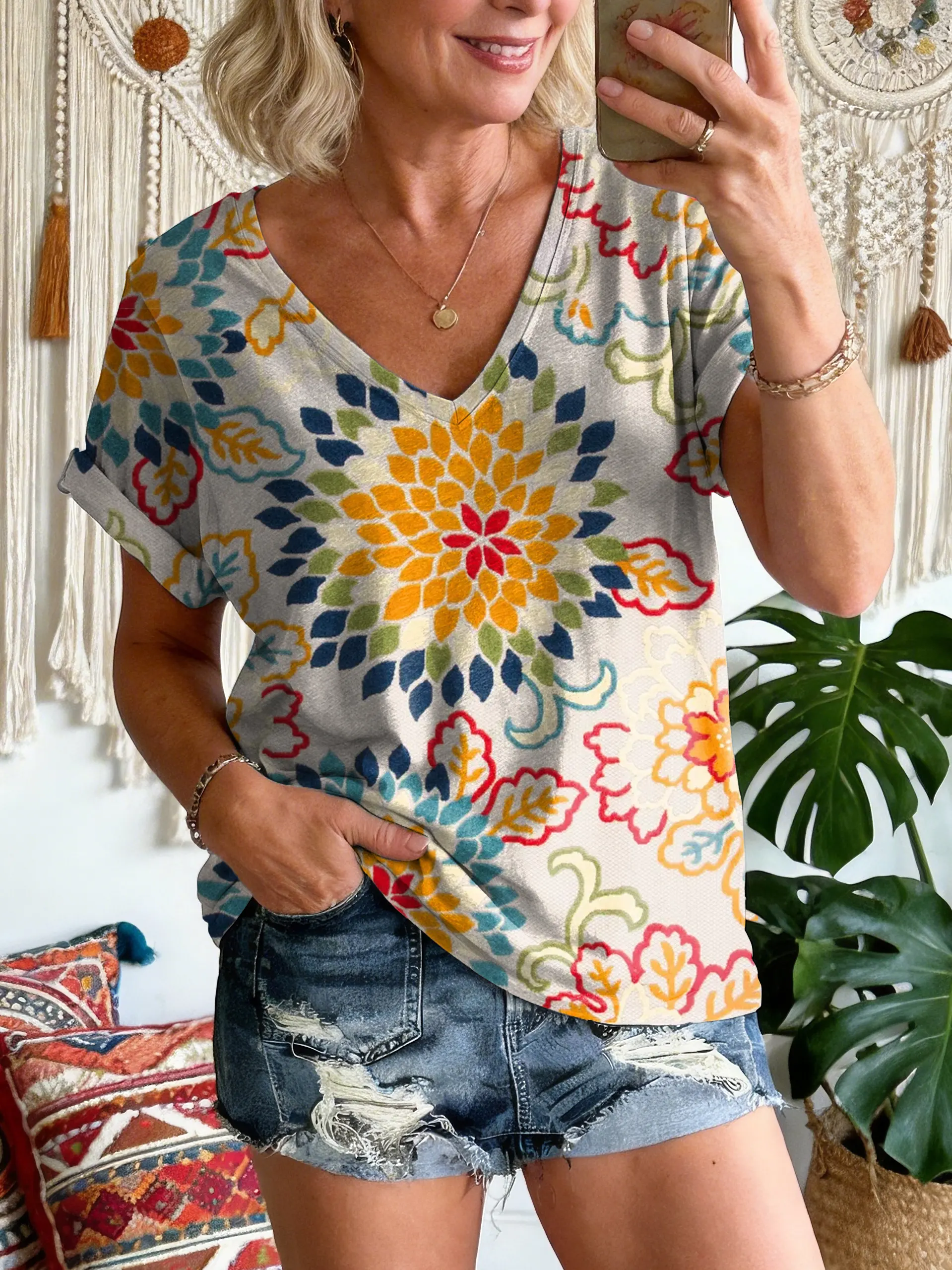 Women's Vintage Floral Pattern Art Print V-neck Short Sleeve