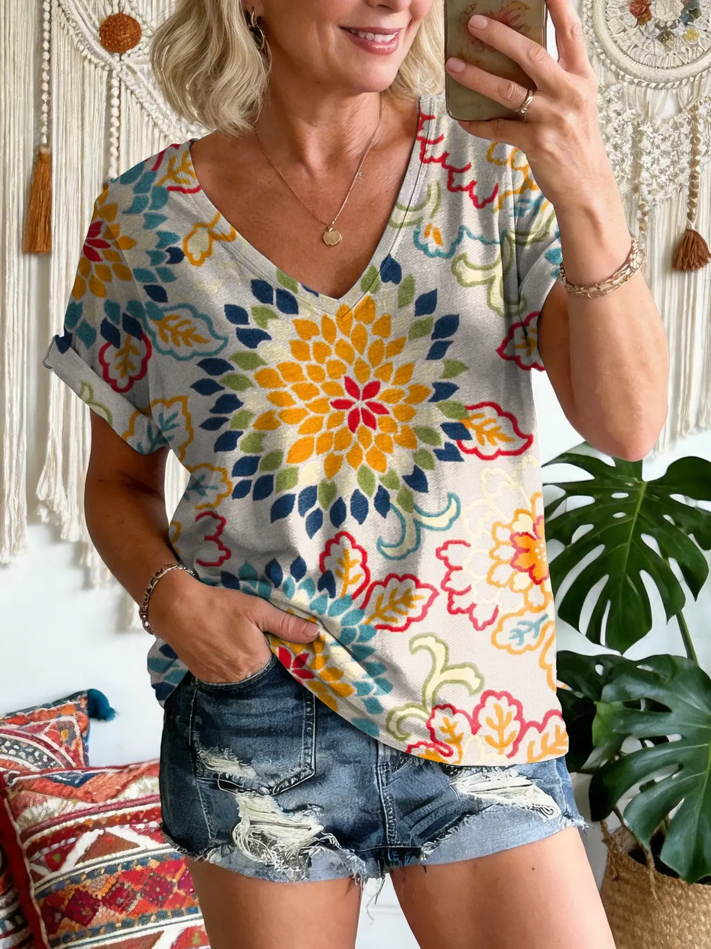 Women's Vintage Floral Pattern Art Print V-neck Short Sleeve