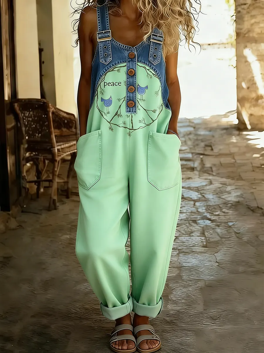 Women's Hippie Peace Bird Art Print Patchwork Denim Overalls
