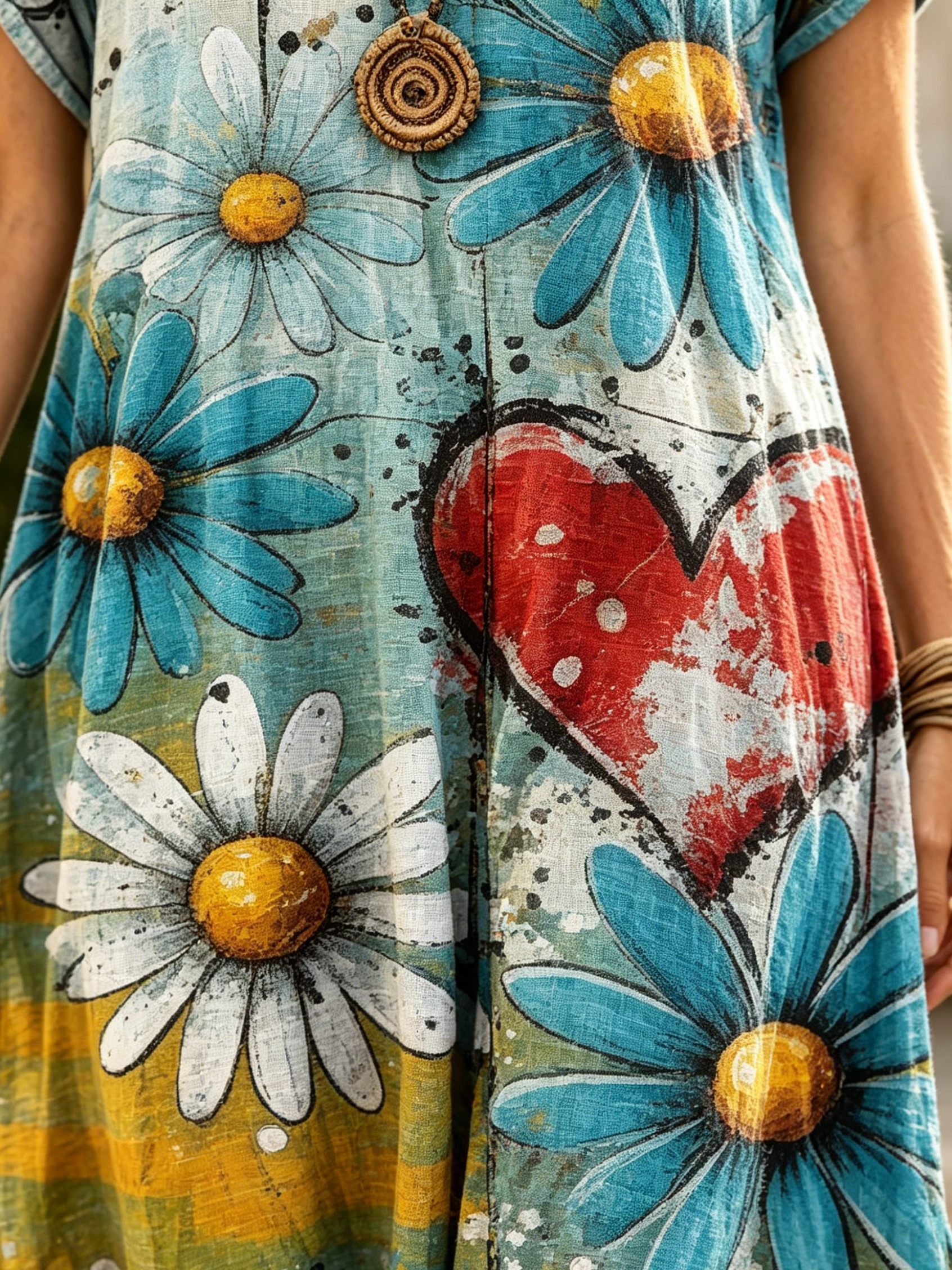 Women's Retro Colorful Heart And Floral Art Print Casual Short Sleeve V-neck Cotton Dress