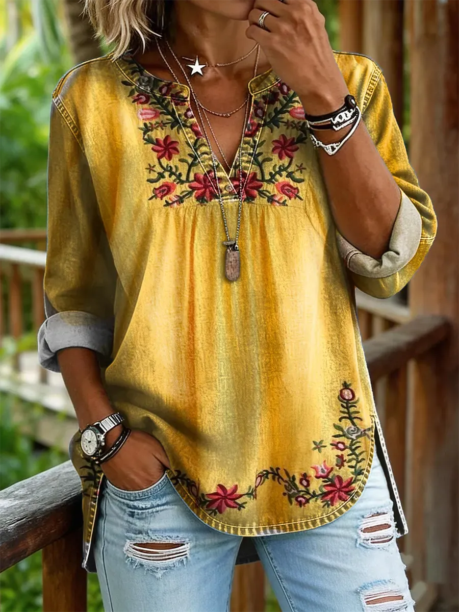 Women's Vintage Ethnic Floral Pattern Art Print Casual V-neck Washed Cotton Denim Top