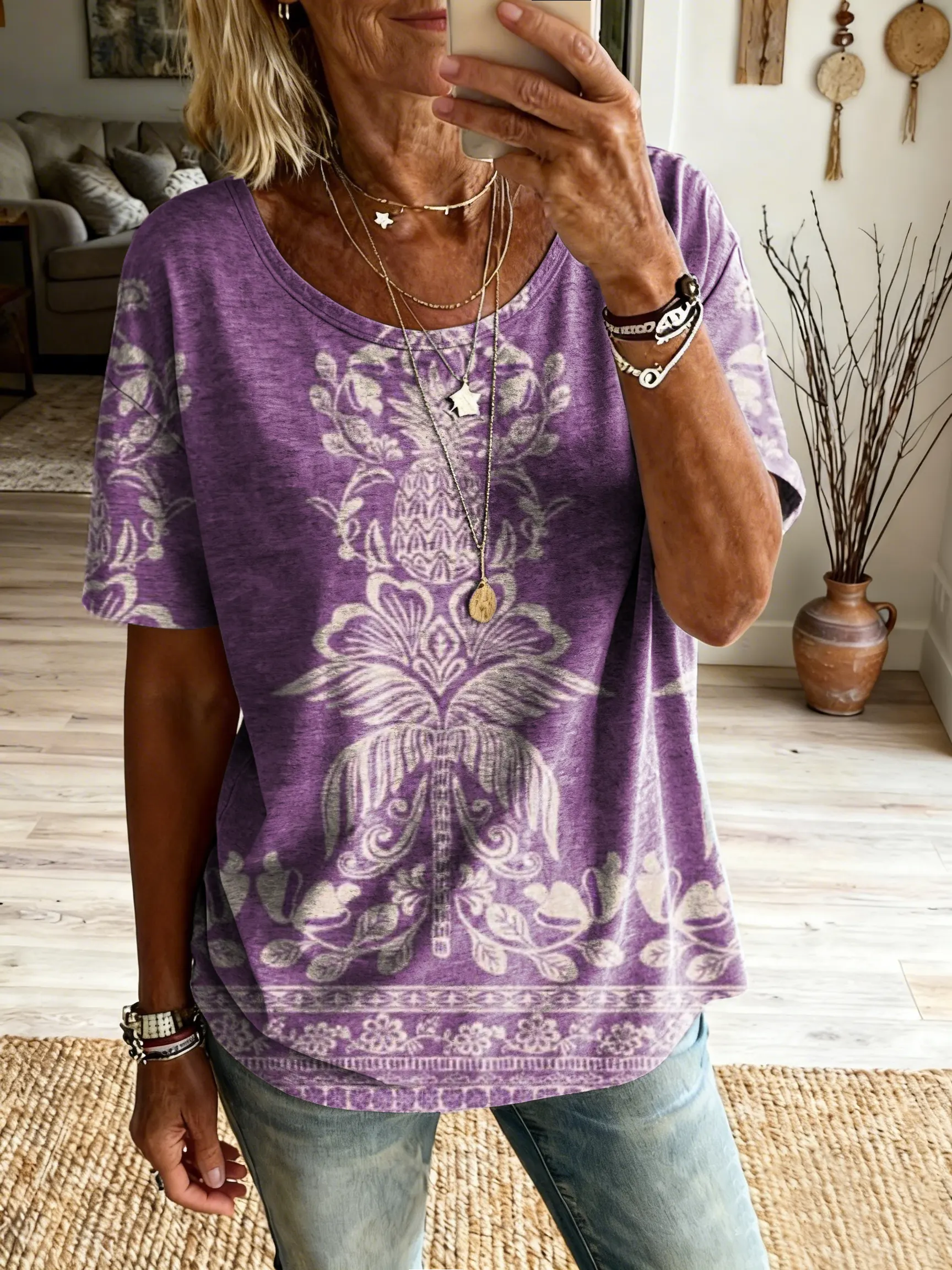 Women's Retro Ethnic Floral Art Print Pure Cotton Crew Neck Short-Sleeve Casual T-Shirt