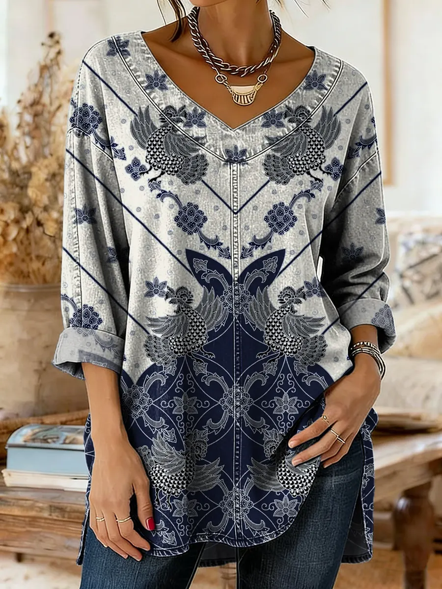 Women's Denim-colored Patchwork Pattern Art Print Casual Washed Denim Cotton Shirt