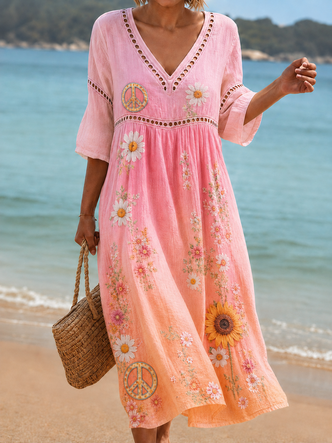 Women's Vacation Linen Boho Foral Print V-Neck Short Sleeve Maxi Dress