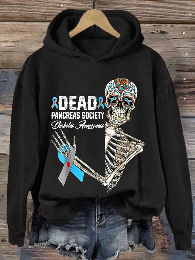 Women'S Retro Dead Pancreas Society Diabetes Awareness Day Sugar Skeleton Printed Hoodie