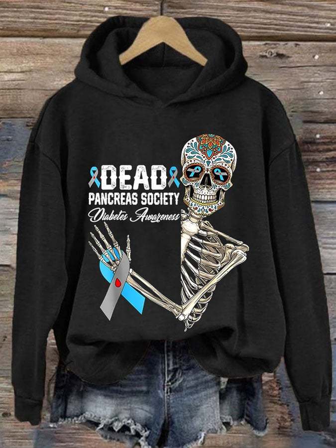 Women'S Retro Dead Pancreas Society Diabetes Awareness Day Sugar Skeleton Printed Hoodie