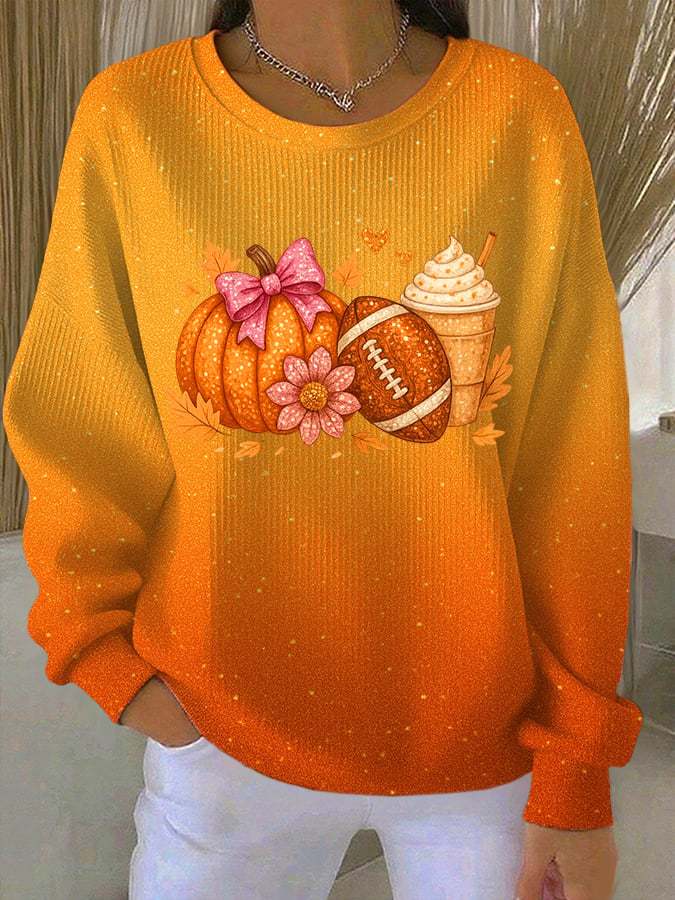 Women's Thanksgiving Pumpkin Football Print Pocketless Sweatshirt