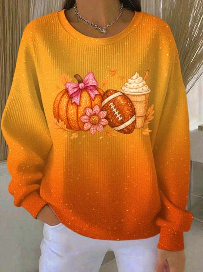 Women's Thanksgiving Pumpkin Football Print Pocketless Sweatshirt