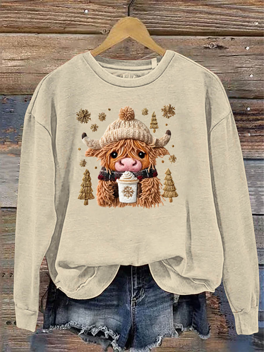 Women's Christmas Cow Knitting Crochet Pattern Neck Sweatshirt
