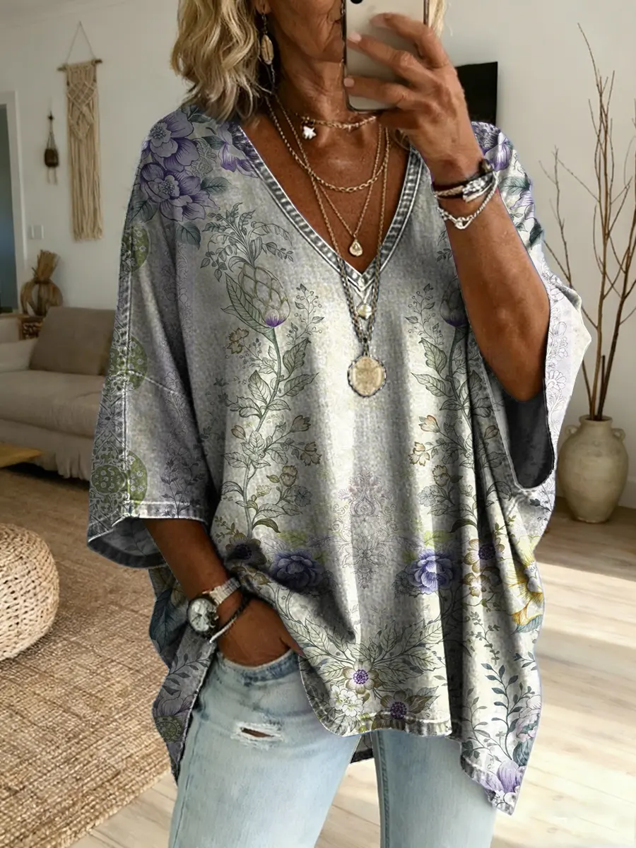 Ethnicity Purple Flowers Women's Art Print Casual Washed Cotton Denim Top