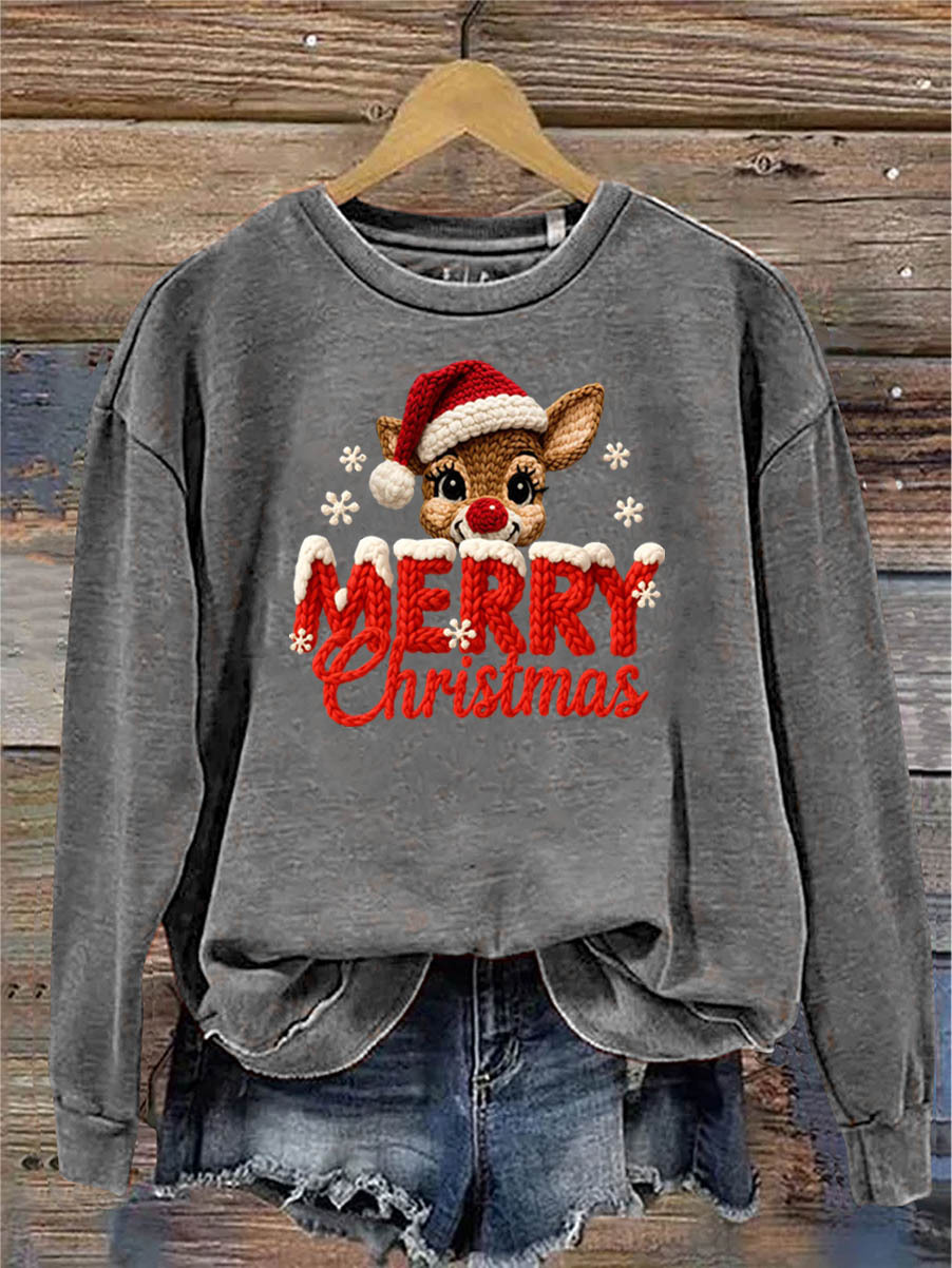 Women's Merry Christmas And Elk Knitting Crochet Pattern Neck Sweatshirt