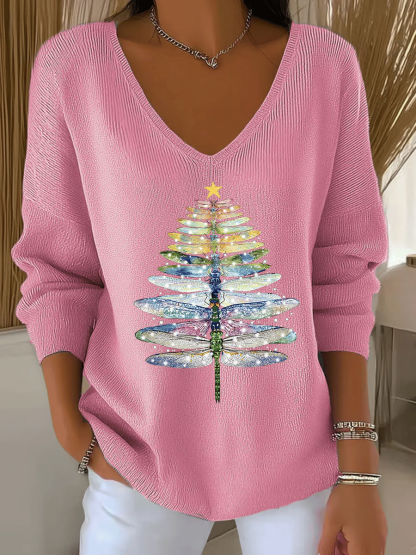 Women's Christmas Print V Neck Sweater