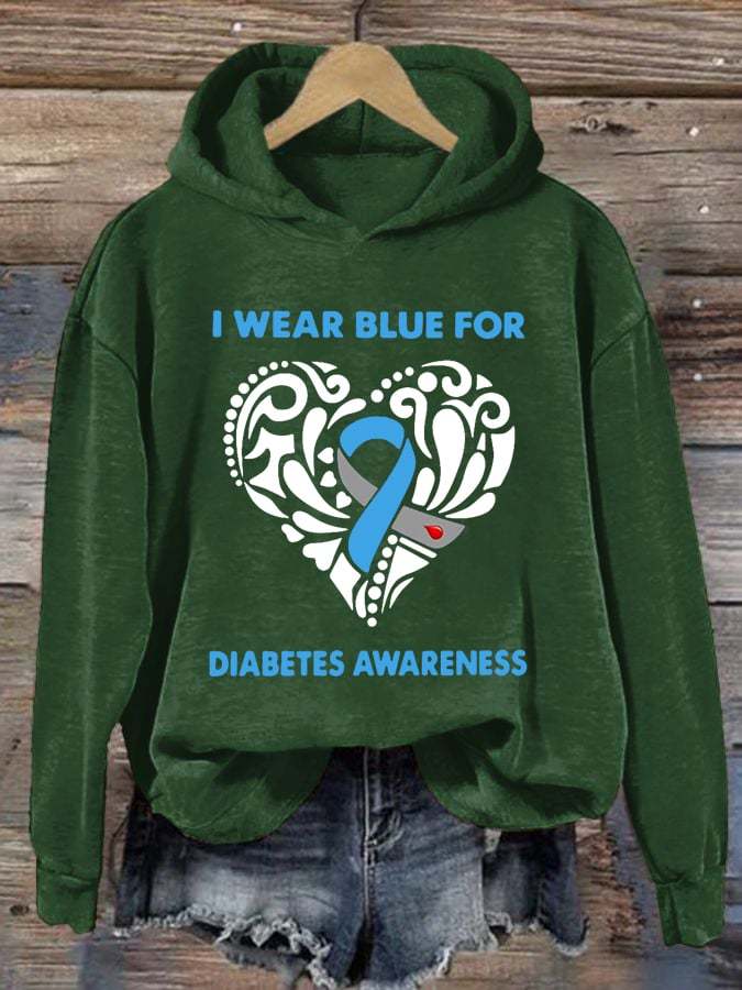 Women's I Wear Blue For Diabetes Awareness Print Hoodie Long Sleeve Sweatshirt
