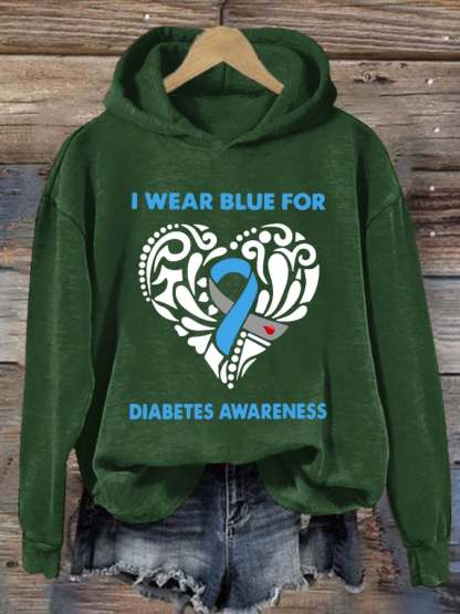 Women's I Wear Blue For Diabetes Awareness Print Hoodie Long Sleeve Sweatshirt