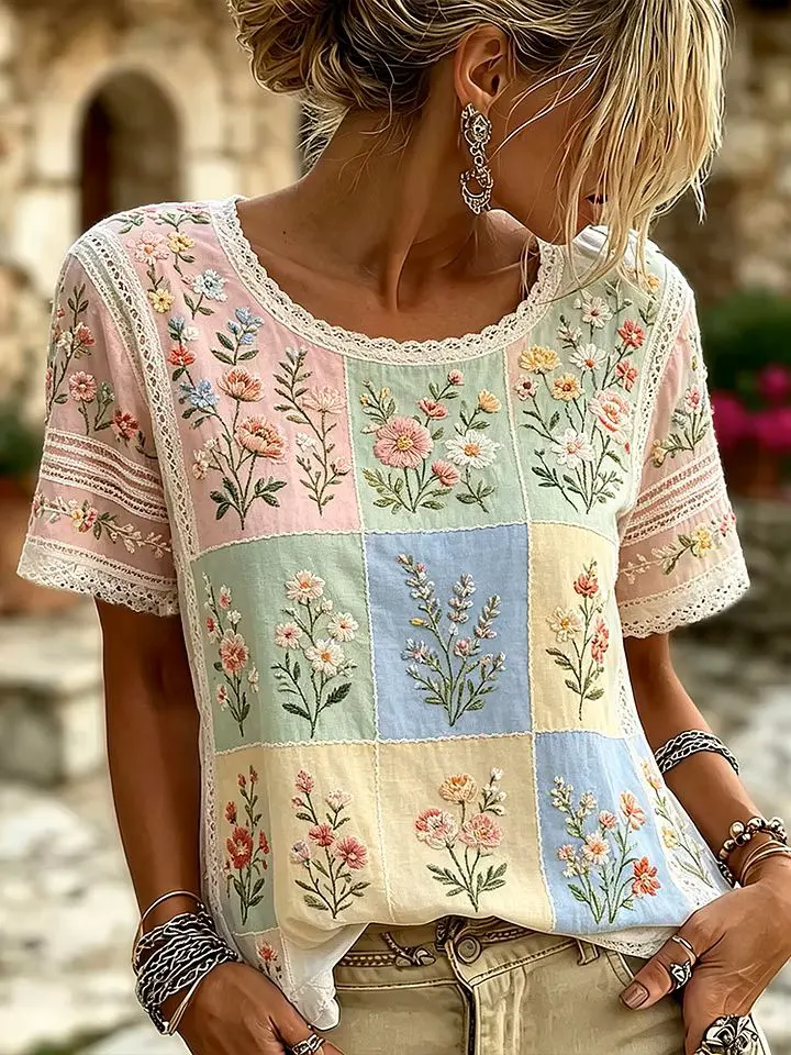 Women's Patchwork Floral Print Cotton Short Sleeve Blouse