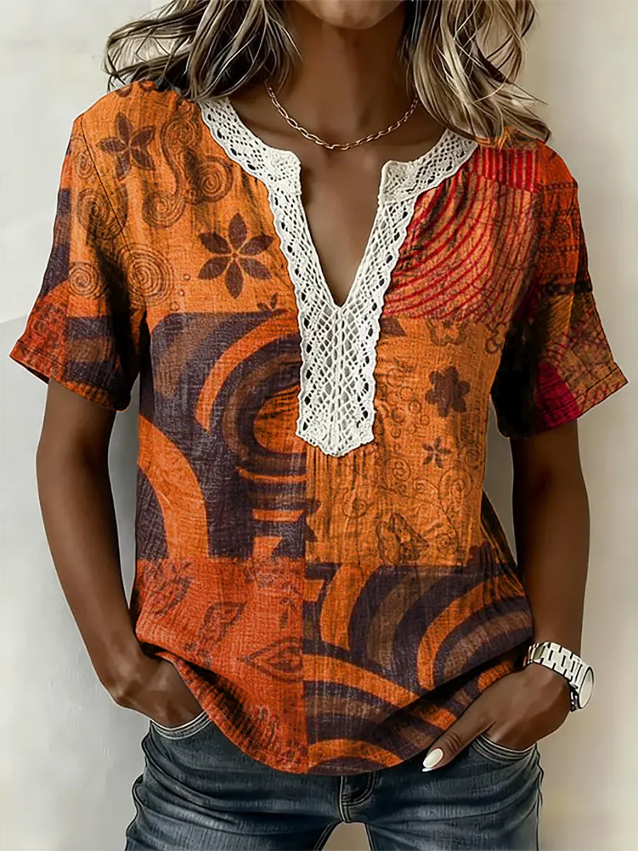 Women's Ethnic Patchwork Print Short-Sleeve Lace-Trimmed V-Neck Shirt