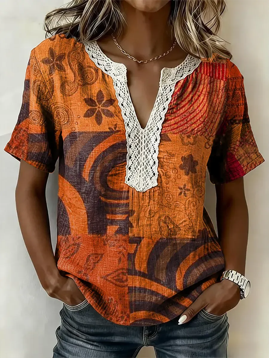 Women's Ethnic Patchwork Print Short-Sleeve Lace-Trimmed V-Neck Shirt
