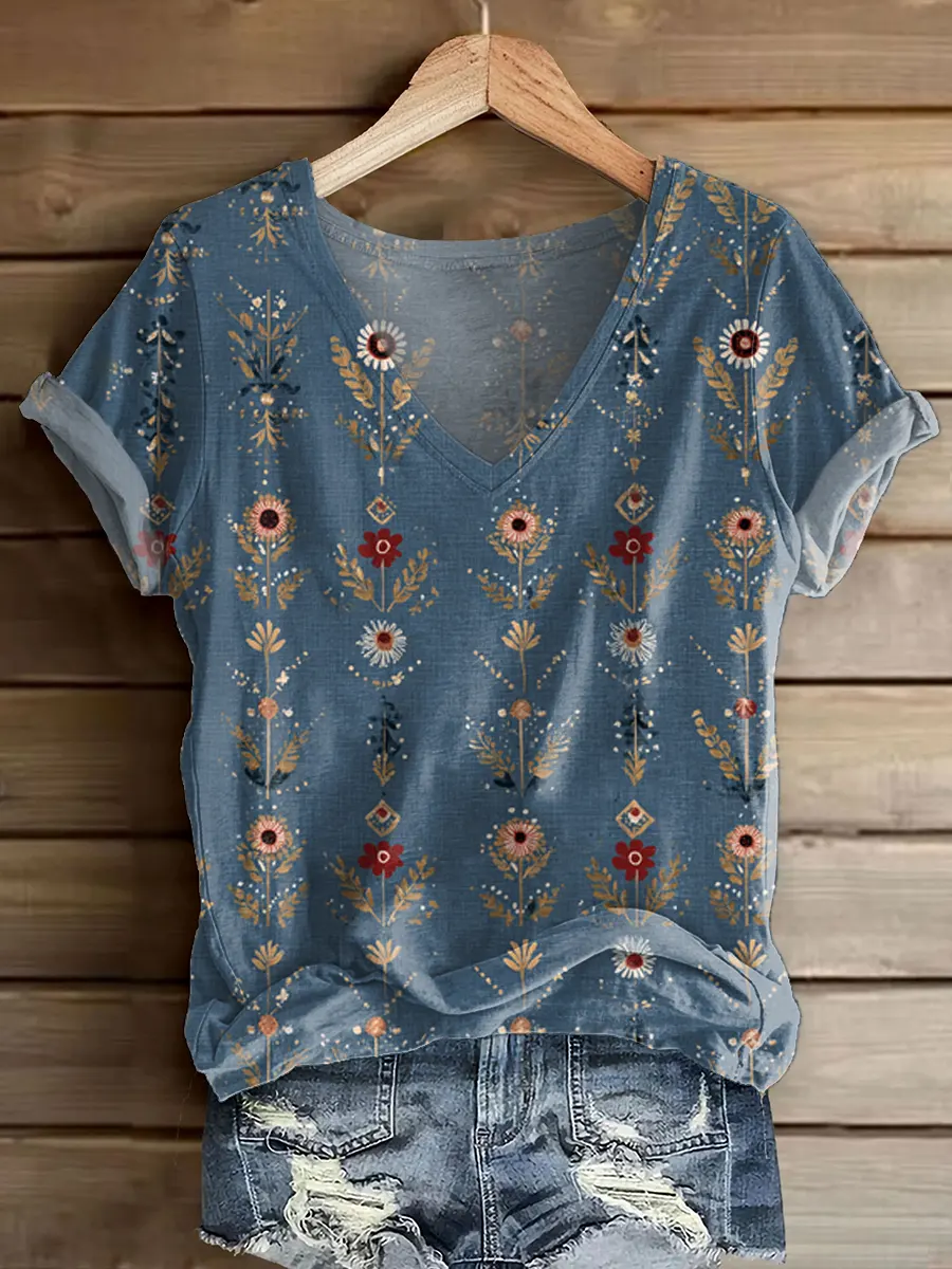 Women's Vintage Floral Pattern Art Print V-neck Short Sleeve