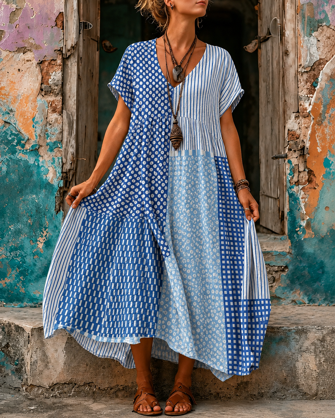 Casual Vacation Retro Geometric Print Maxi Dress
