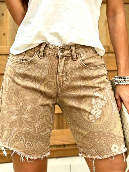 Women's Colorful Ethnic Flowers Print Denim Bermuda Shorts