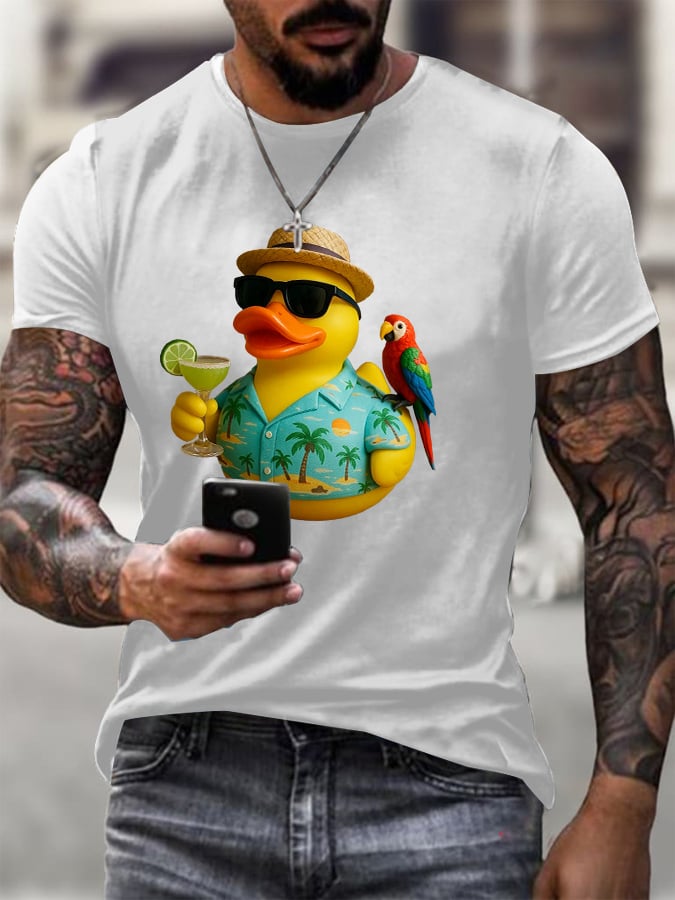 Men's Retro Vacation Parrot Margarita Memorial Duck Print T-Shirt