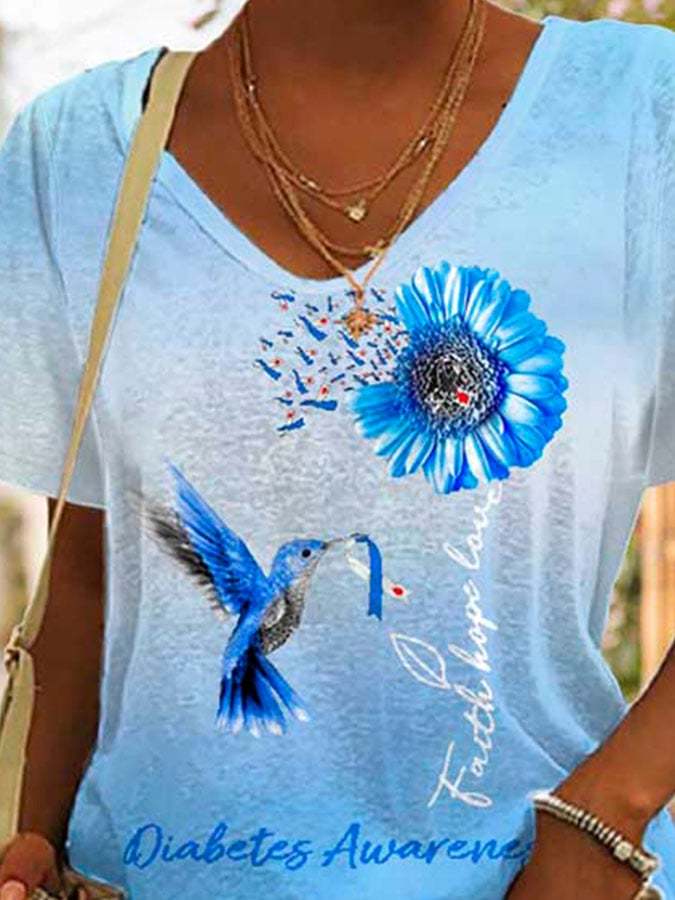 Diabetes Awareness Hummingbird Sunflower Faith Hope Love Print T-Shirt