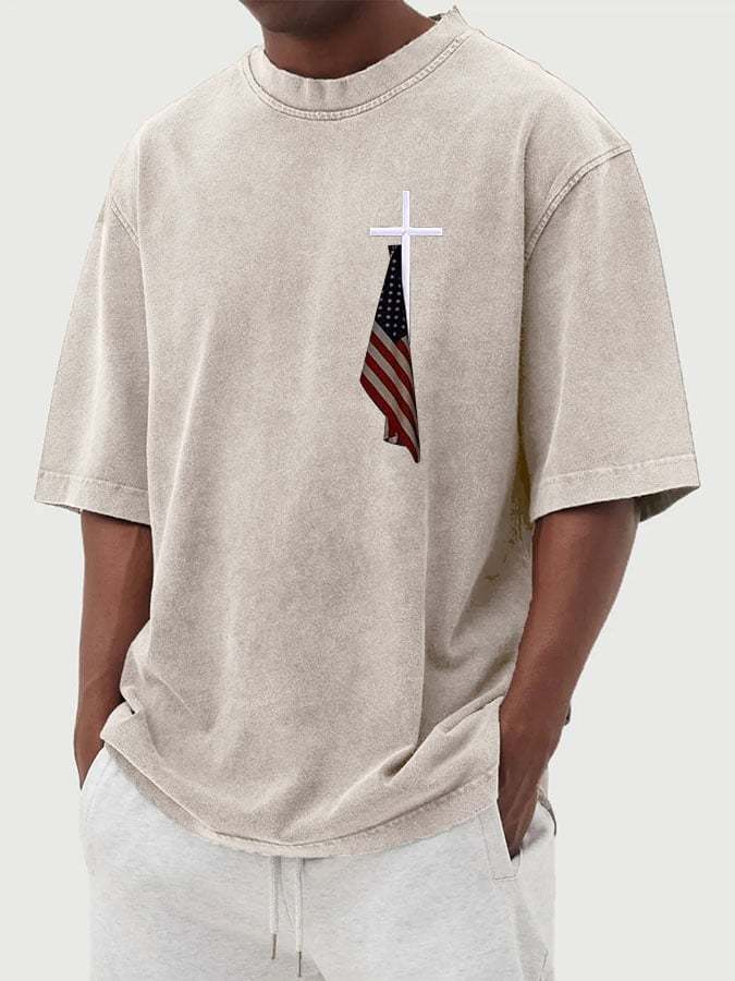 Men's Vintage Flag Cross Print Cotton Washed T-Shirt