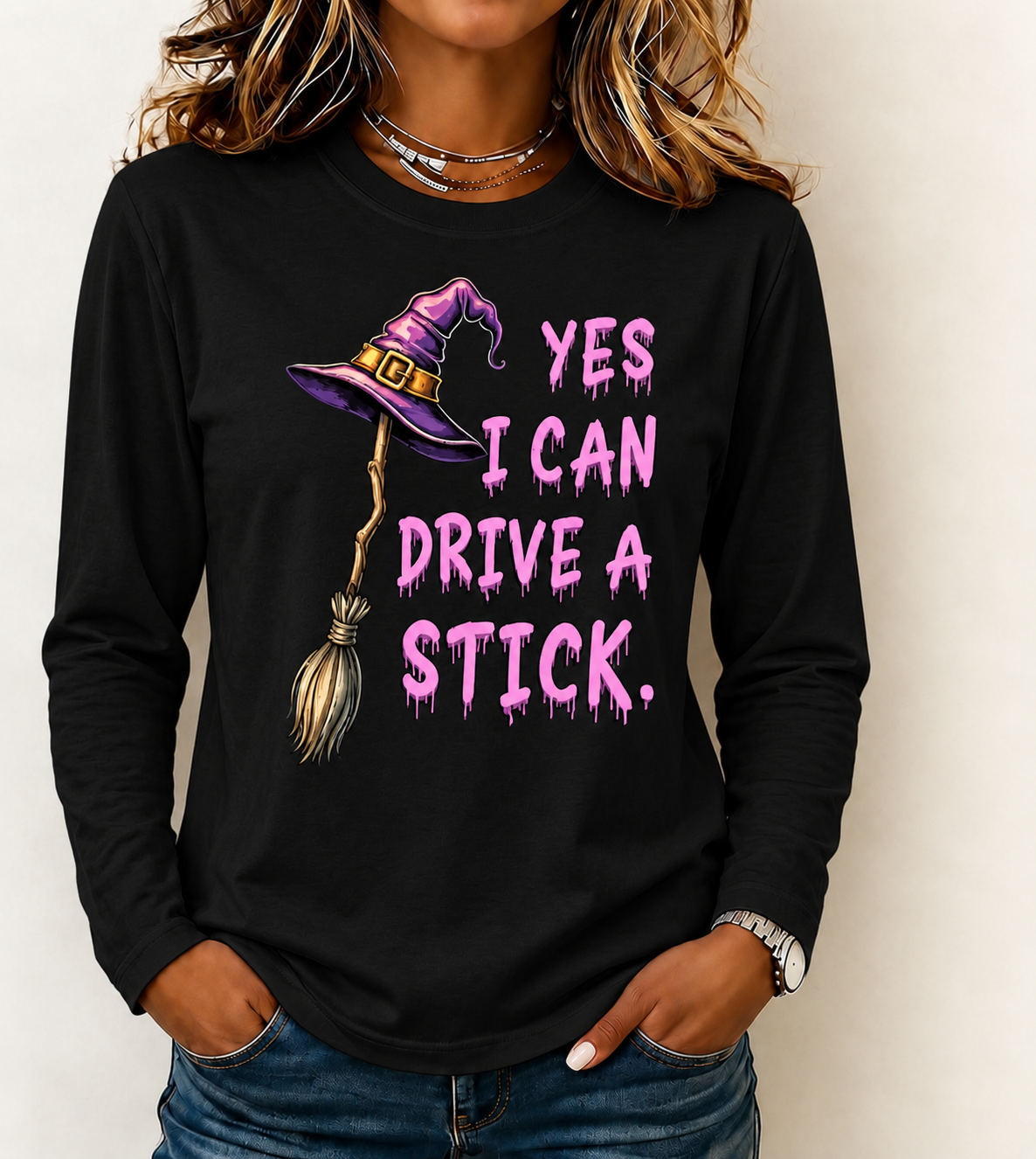 Yes, I Can Drive a Stick Funny Witch Print T-shirt