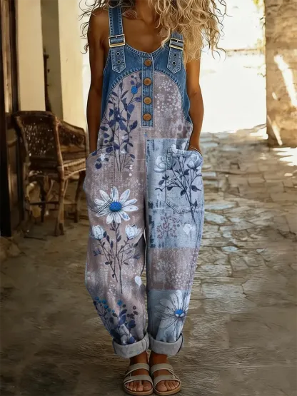 Ethnicity Bohemian Style Flowers Women's Casual Washed Cotton Denim Patchwork Jumpsuit