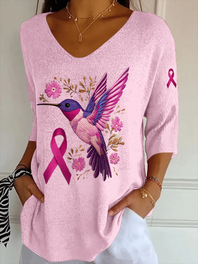 Women's Breast Cancer Hummingbird Print Striped Fabric Casual V-Neck T