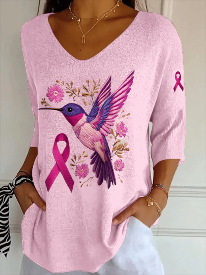 Women's Breast Cancer Hummingbird Print Striped Fabric Casual V-Neck T-Shirt