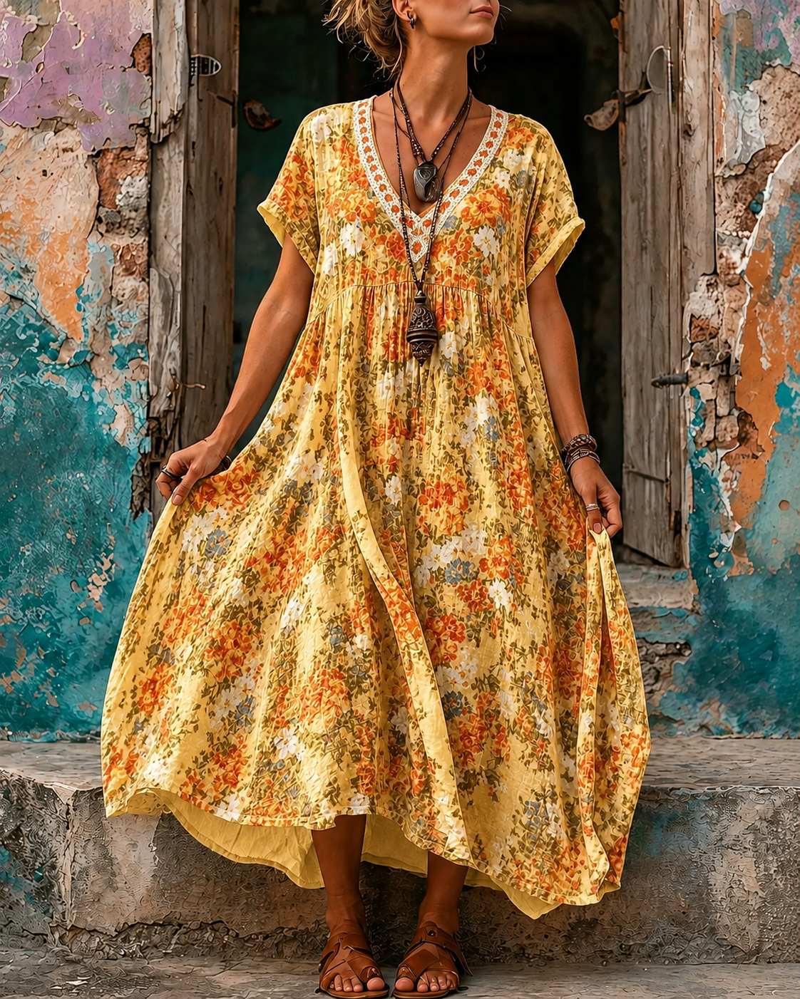 Women's Vacation Linen Boho Floral Print V-Neck Short Sleeve Maxi Dress