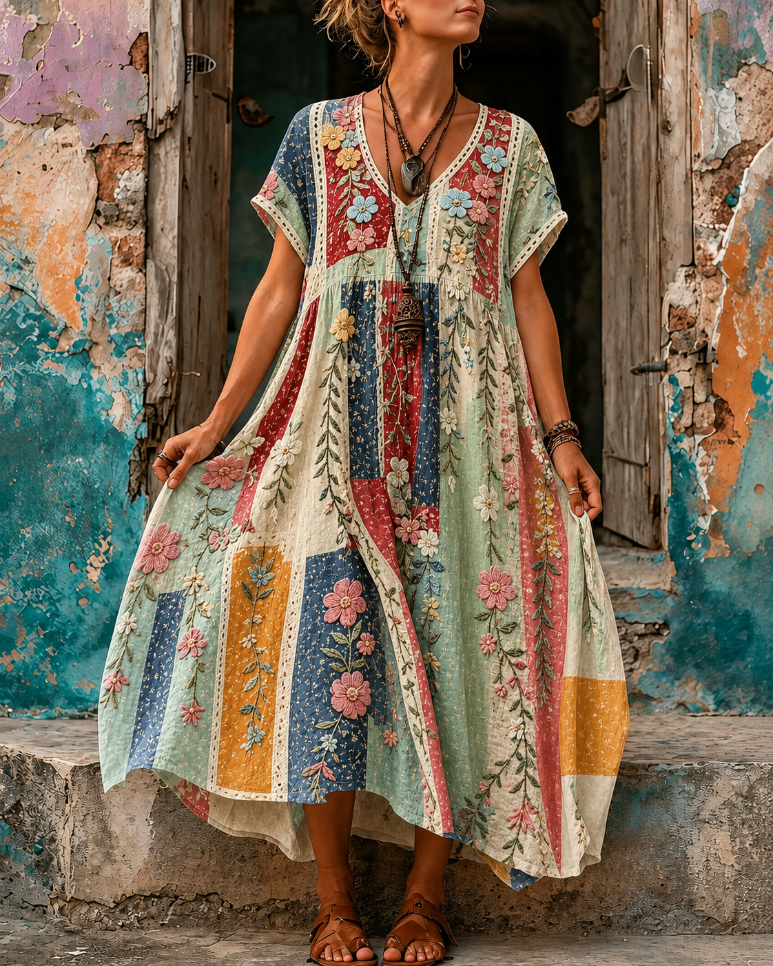Women's Vacation Linen Boho Floral Print V-Neck Short Sleeve Maxi Dress